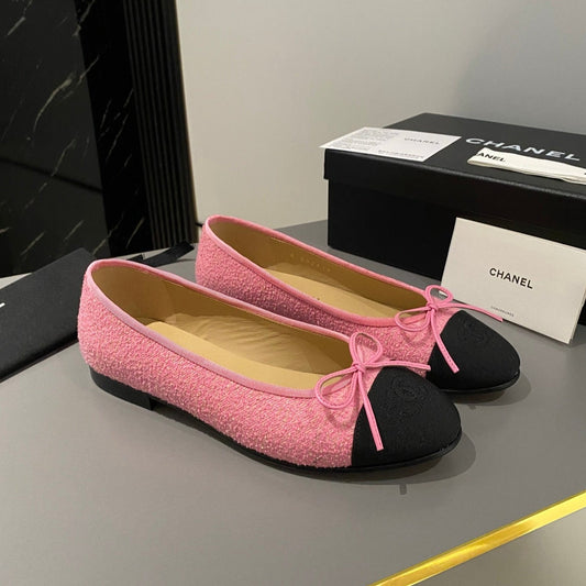 CHANEL ballet flat pink embroidered fabric black grosgrain