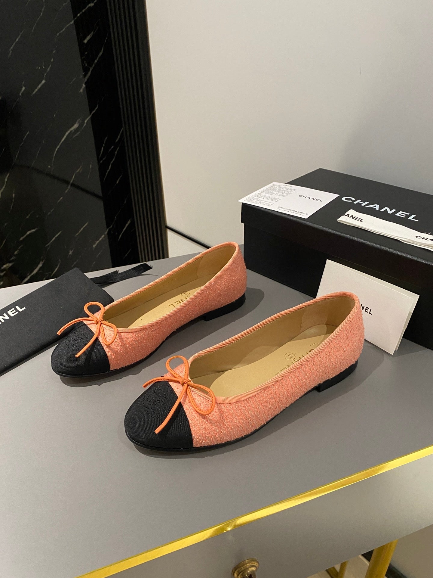 CHANEL ballet flat coral embroidered fabric black grosgrain