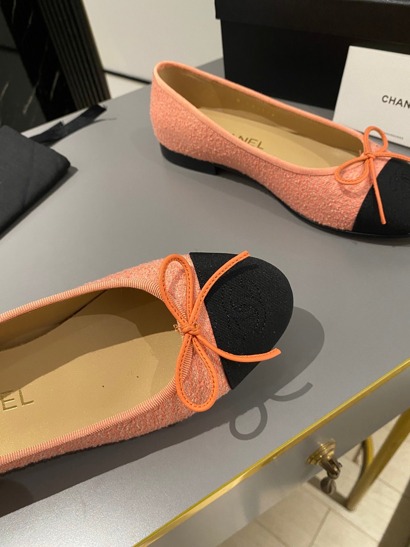 CHANEL ballet flat coral embroidered fabric black grosgrain