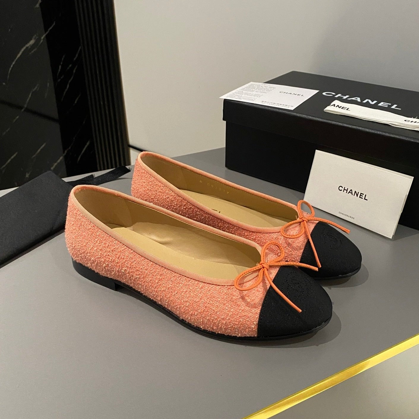 CHANEL ballet flat coral embroidered fabric black grosgrain