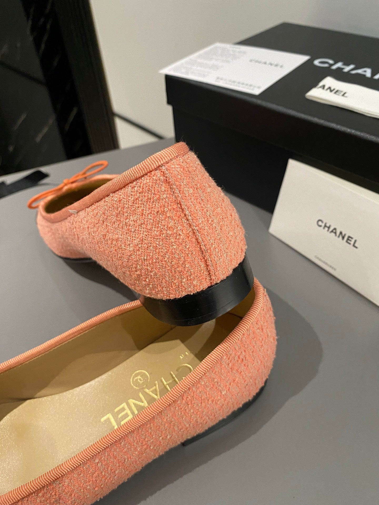 CHANEL ballet flat coral embroidered fabric black grosgrain