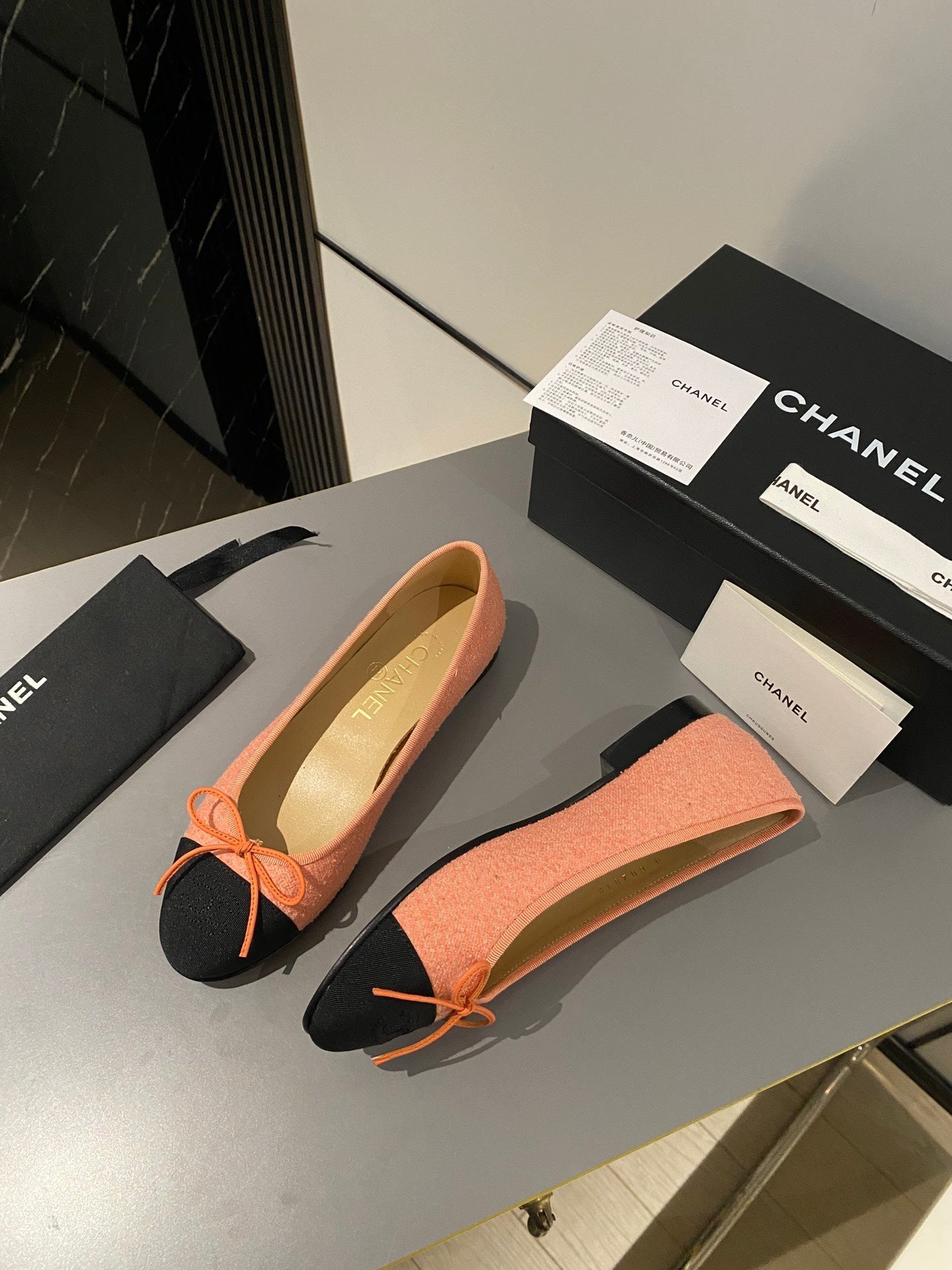 CHANEL ballet flat coral embroidered fabric black grosgrain