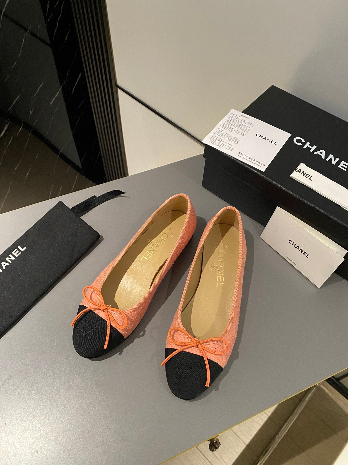 CHANEL ballet flat coral embroidered fabric black grosgrain