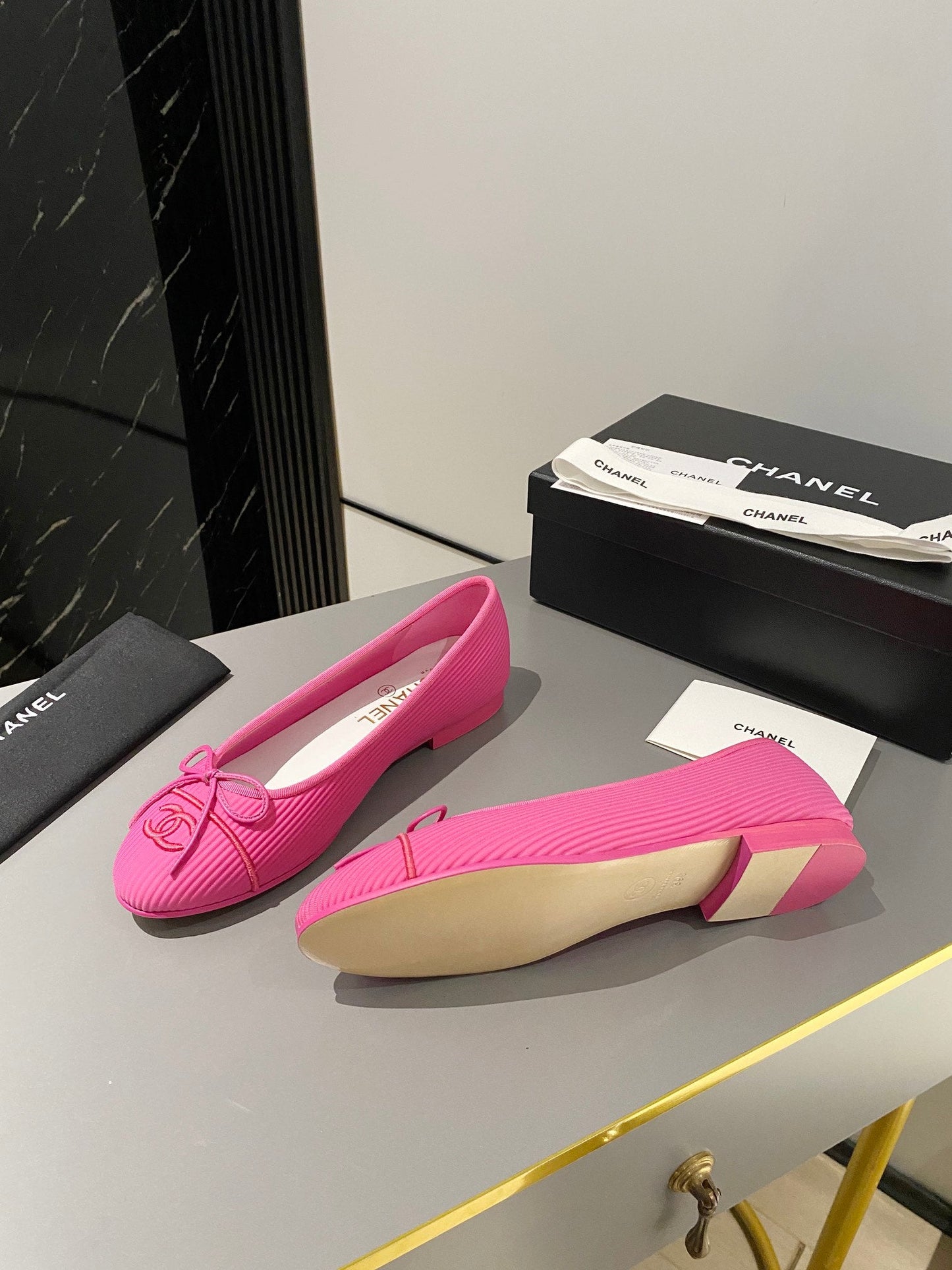 CHANEL ballet flat dark pink embroidered fabric