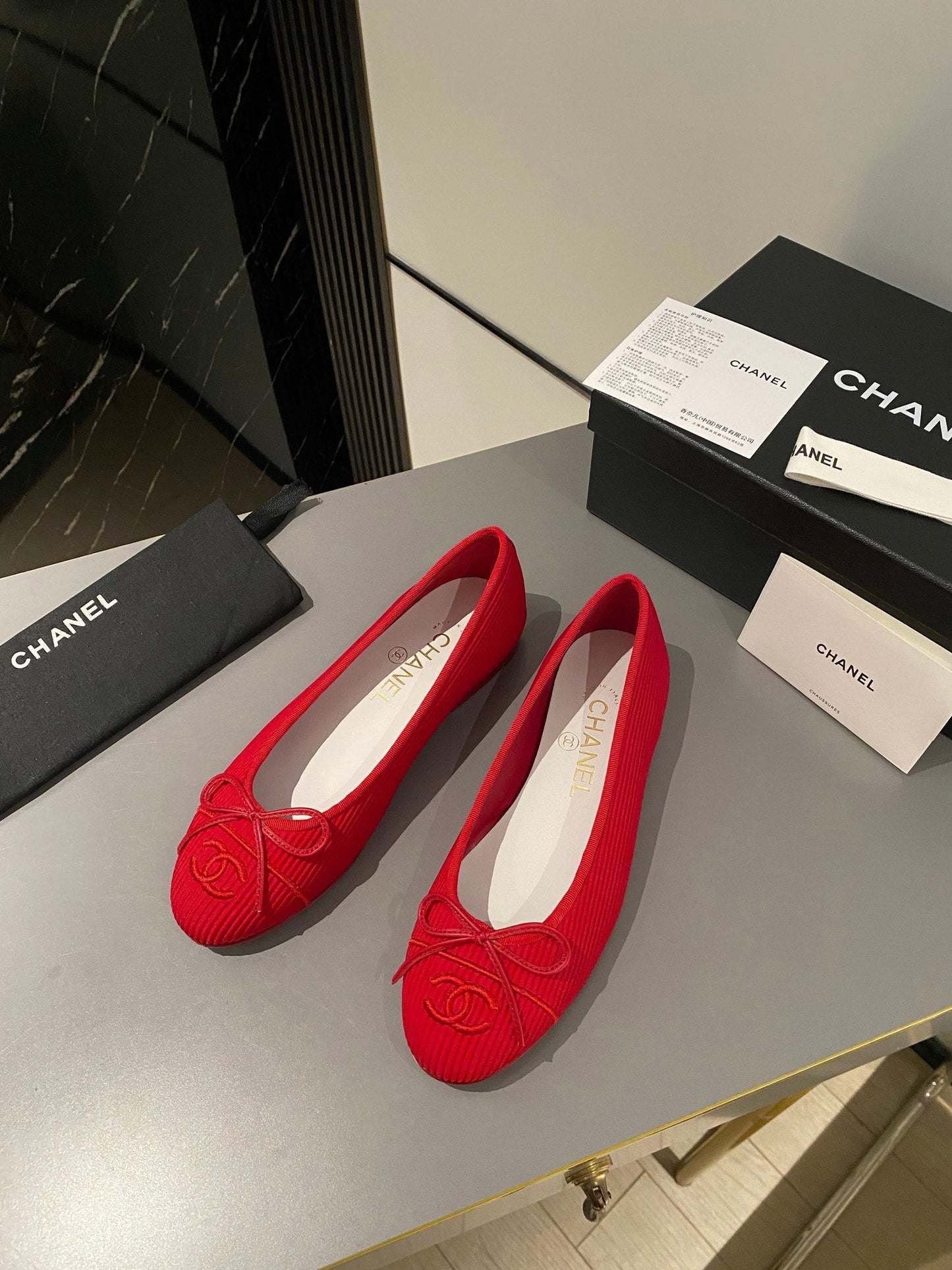 CHANEL ballet flat red embroidered fabric