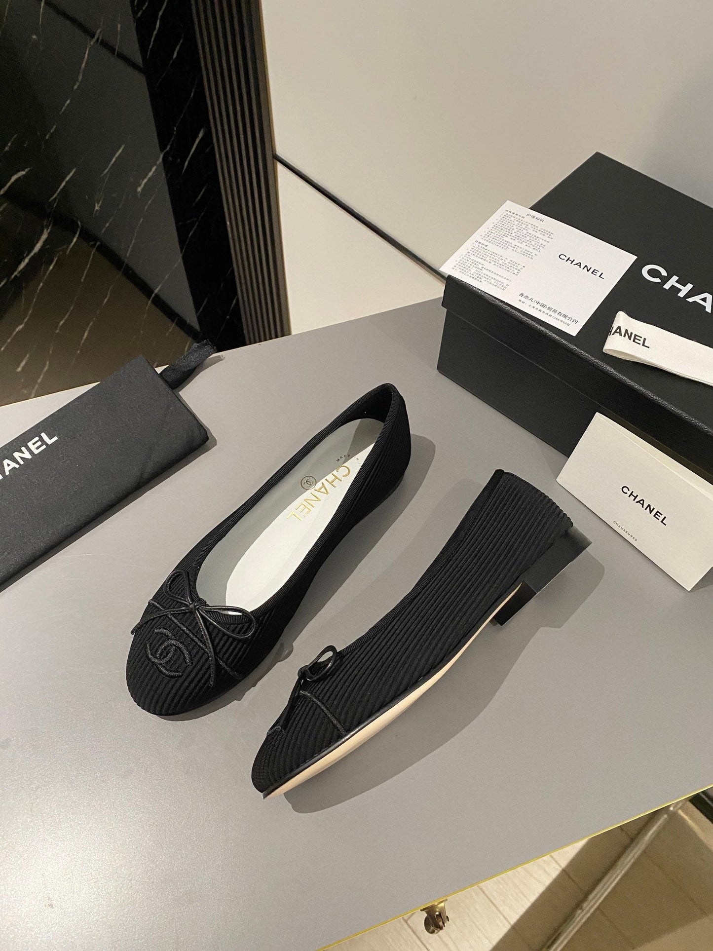 CHANEL ballet flat black embroidered fabric