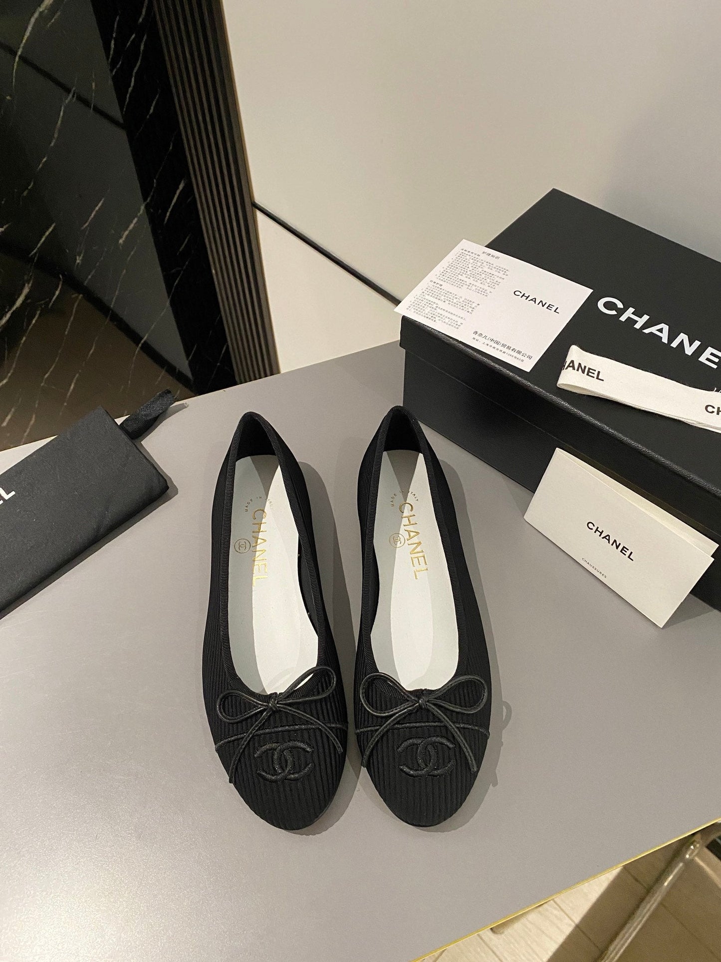 CHANEL ballet flat black embroidered fabric