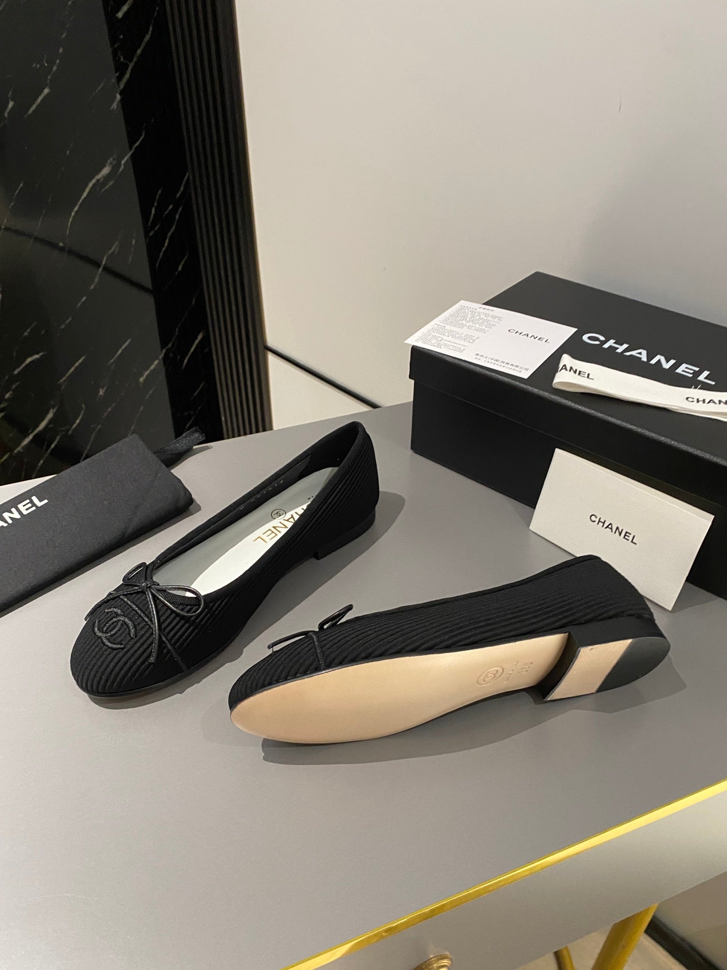 CHANEL ballet flat black embroidered fabric
