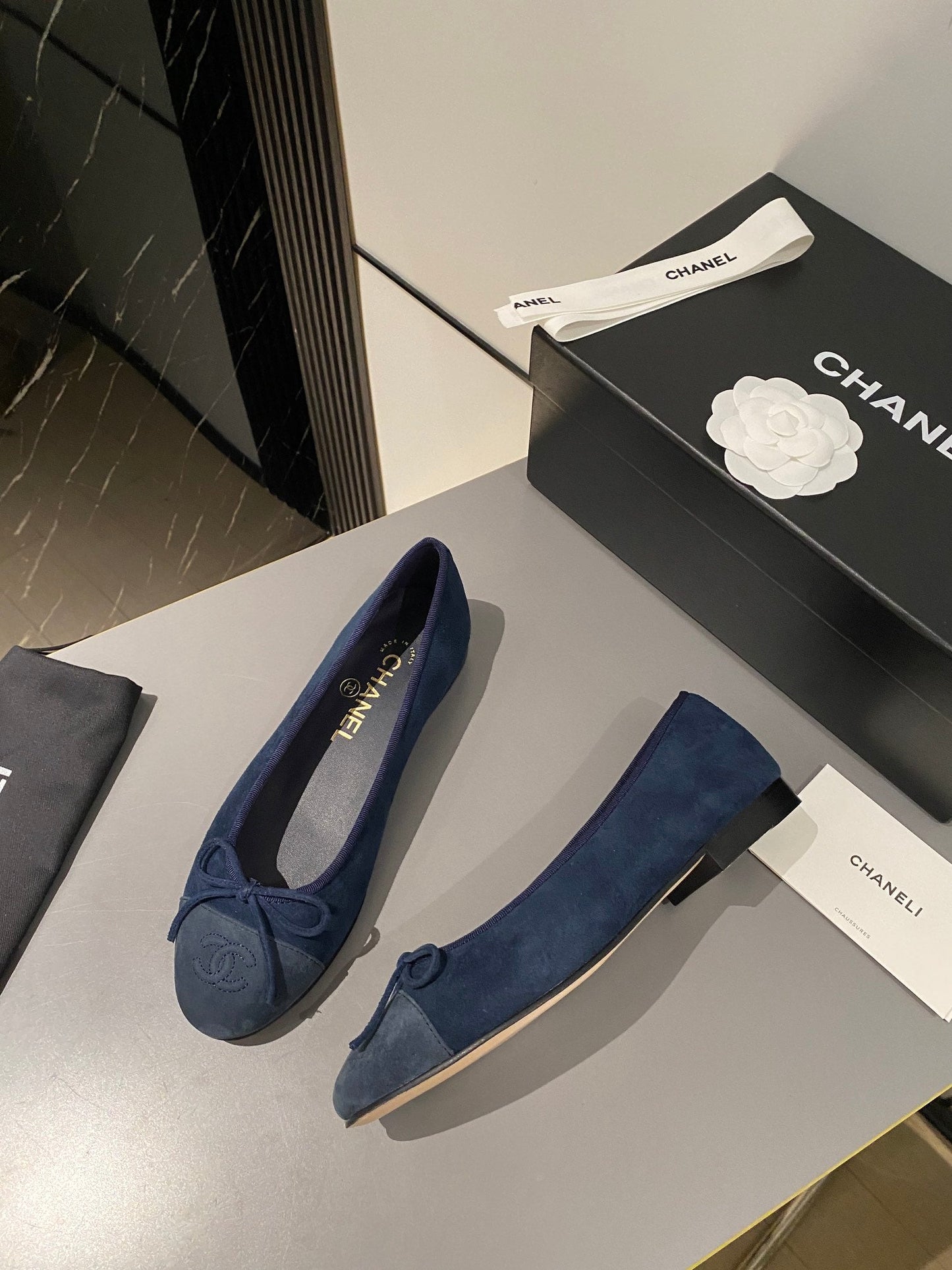 CHANEL ballet flat dark blue suede calfskin