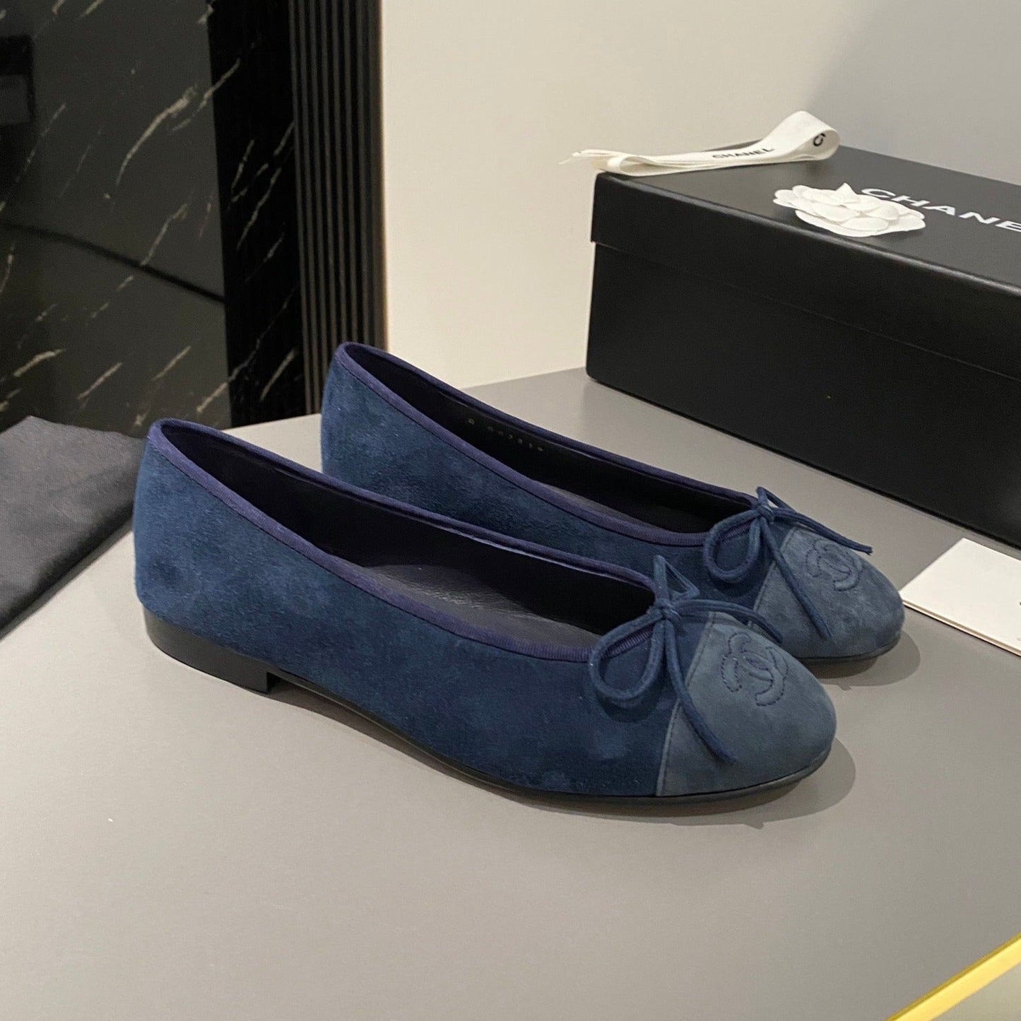 CHANEL ballet flat dark blue suede calfskin