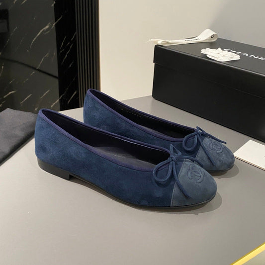 CHANEL ballet flat dark blue suede calfskin