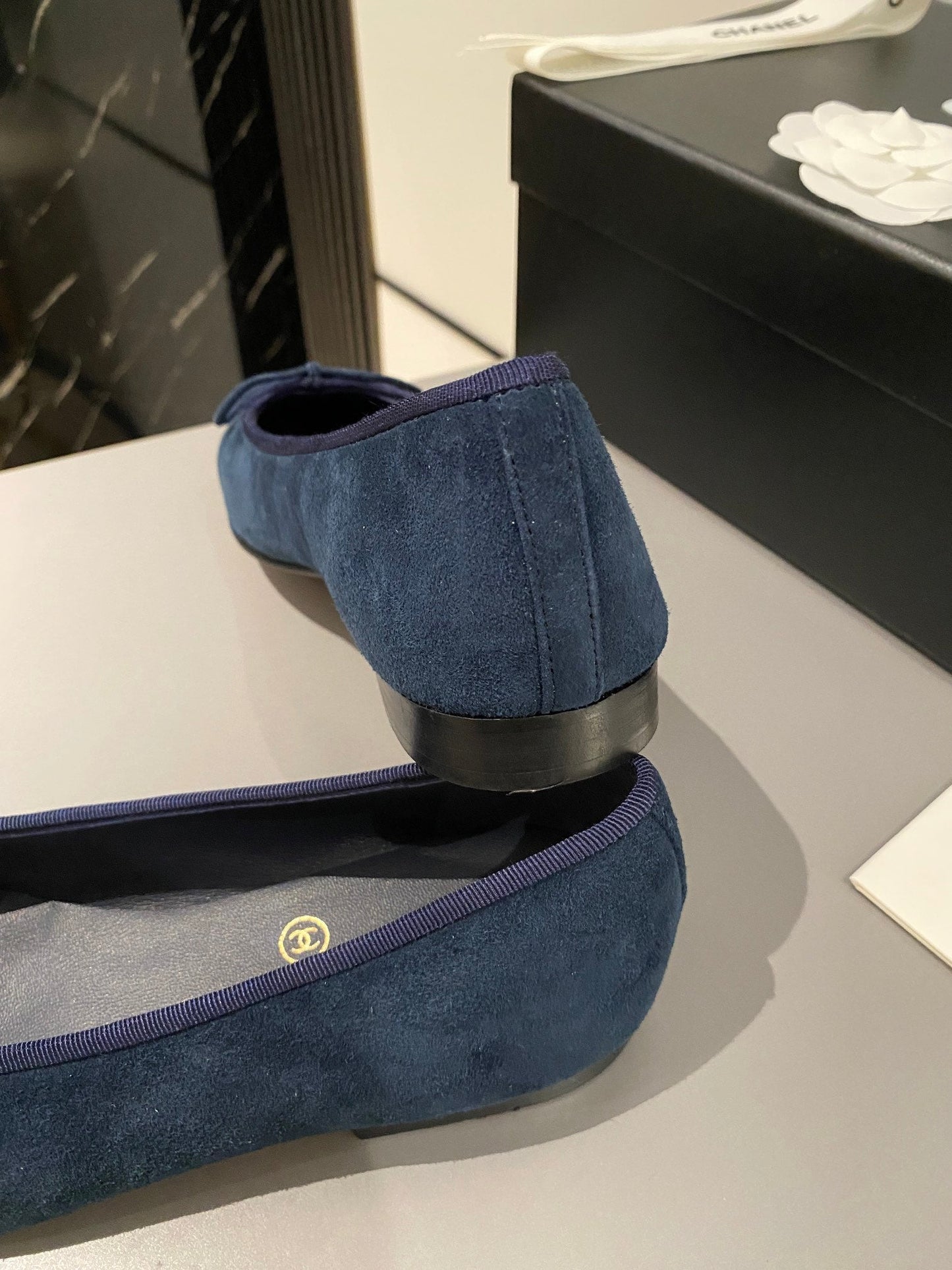 CHANEL ballet flat dark blue suede calfskin