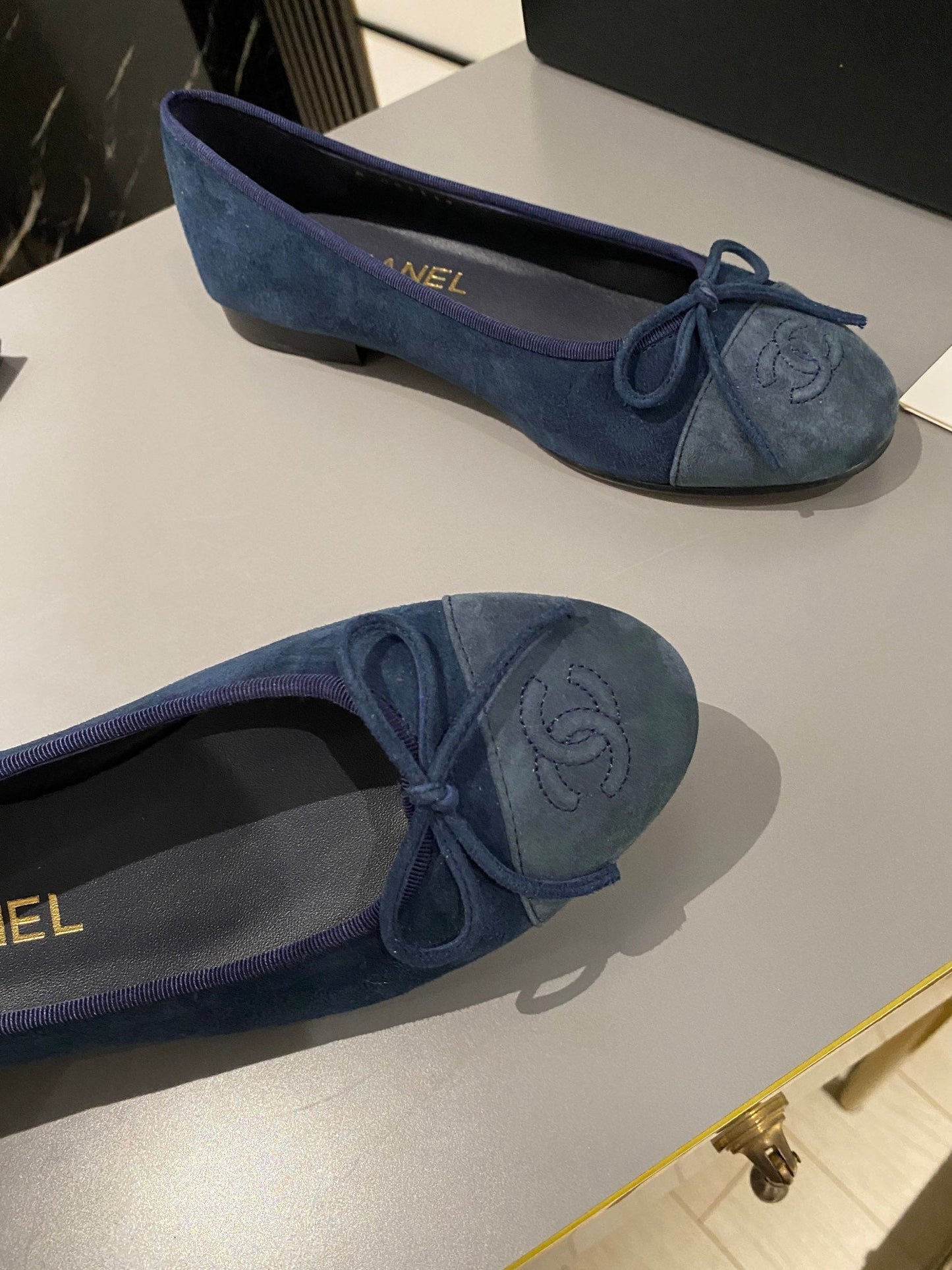 CHANEL ballet flat dark blue suede calfskin