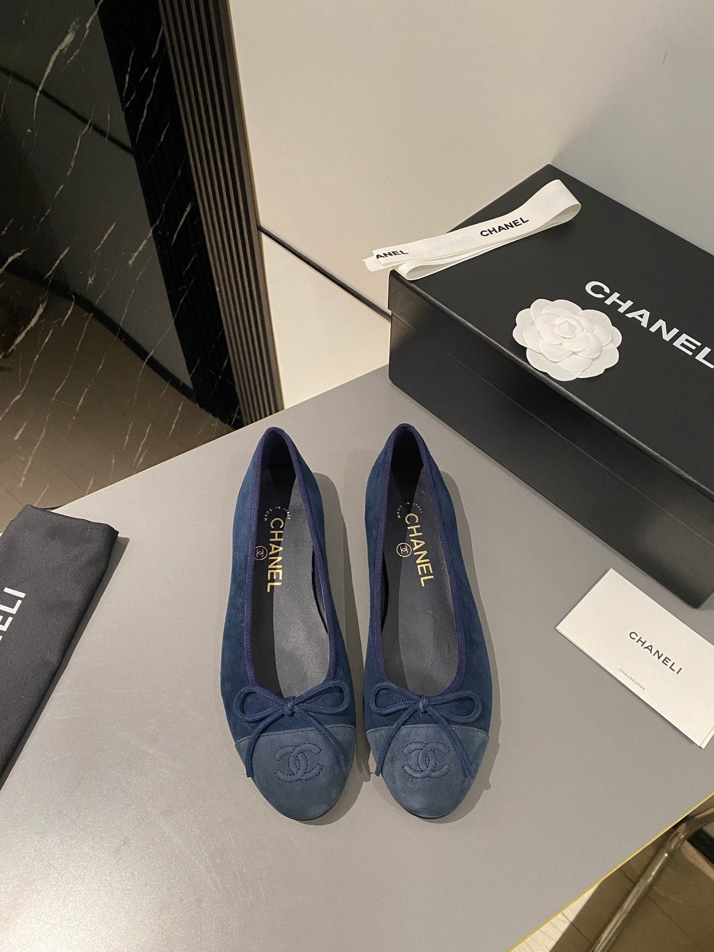 CHANEL ballet flat dark blue suede calfskin