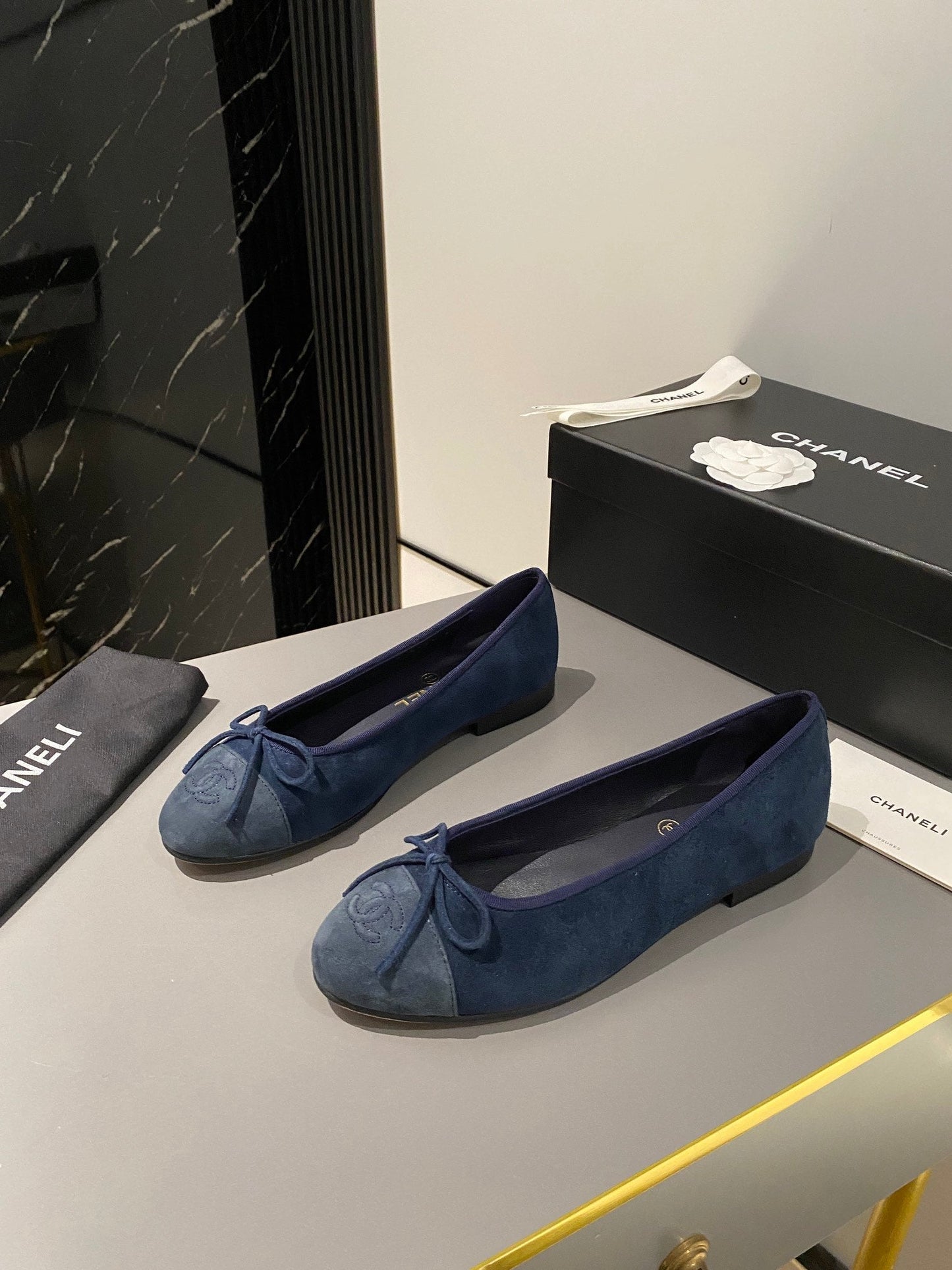CHANEL ballet flat dark blue suede calfskin