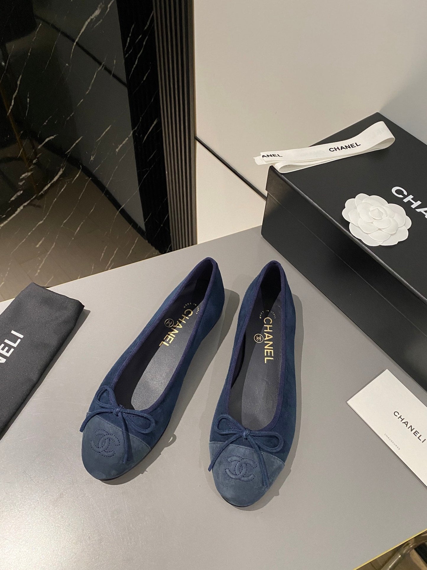 CHANEL ballet flat dark blue suede calfskin