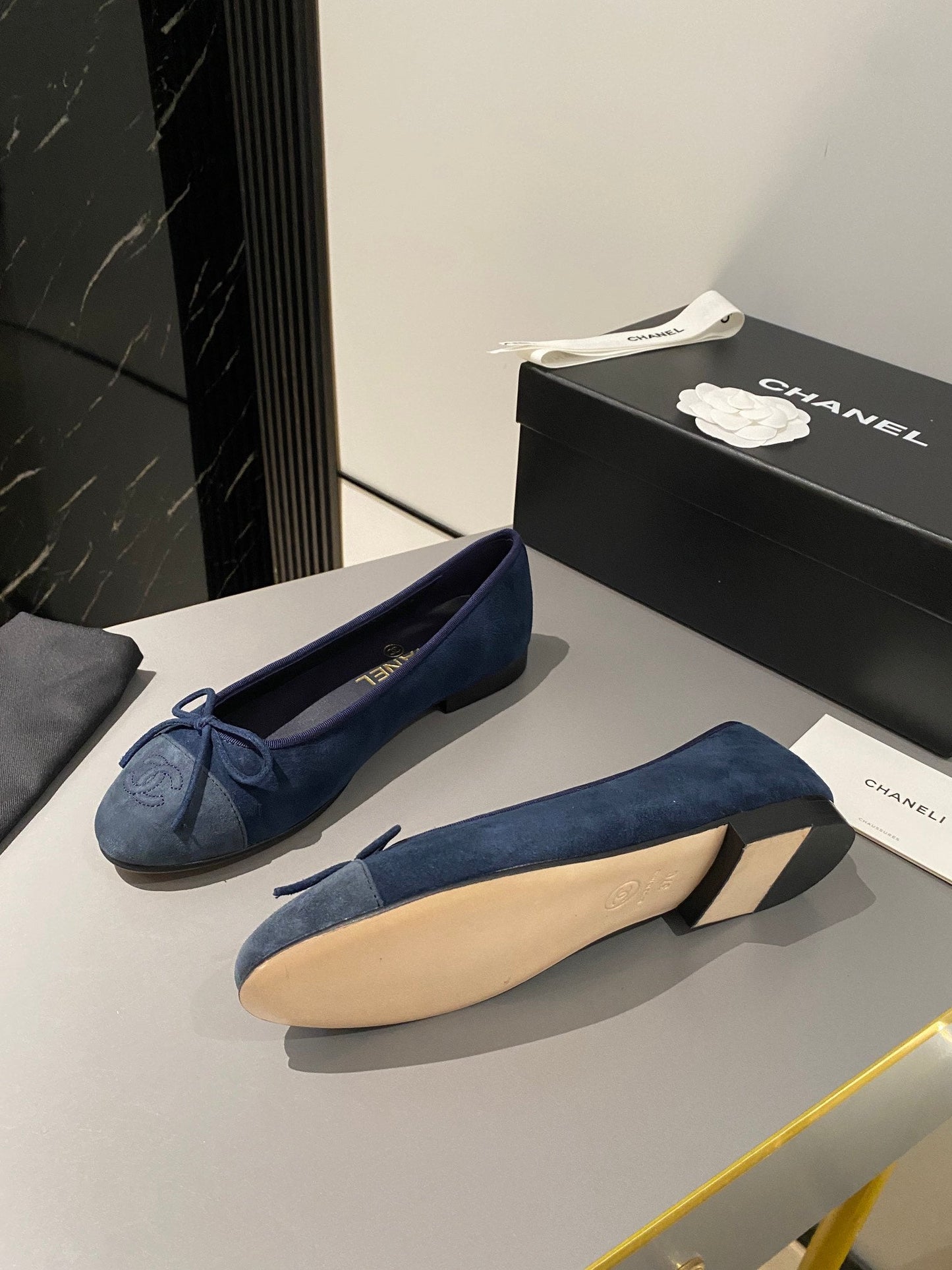 CHANEL ballet flat dark blue suede calfskin