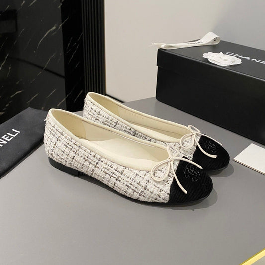CHANEL ballet flat white brown tweed black velvet