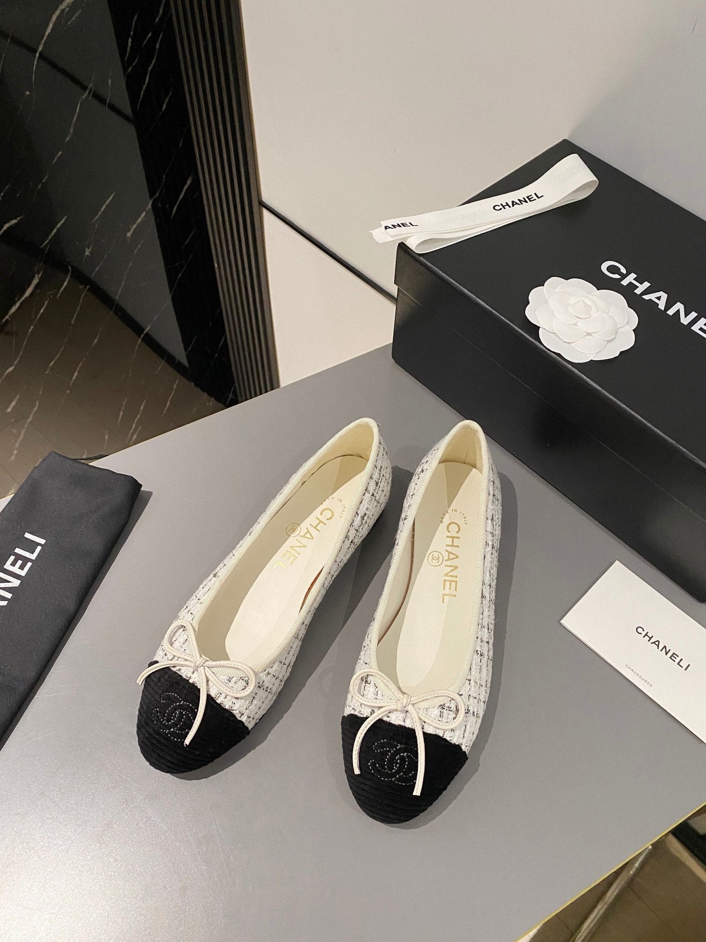 CHANEL ballet flat white brown tweed black velvet