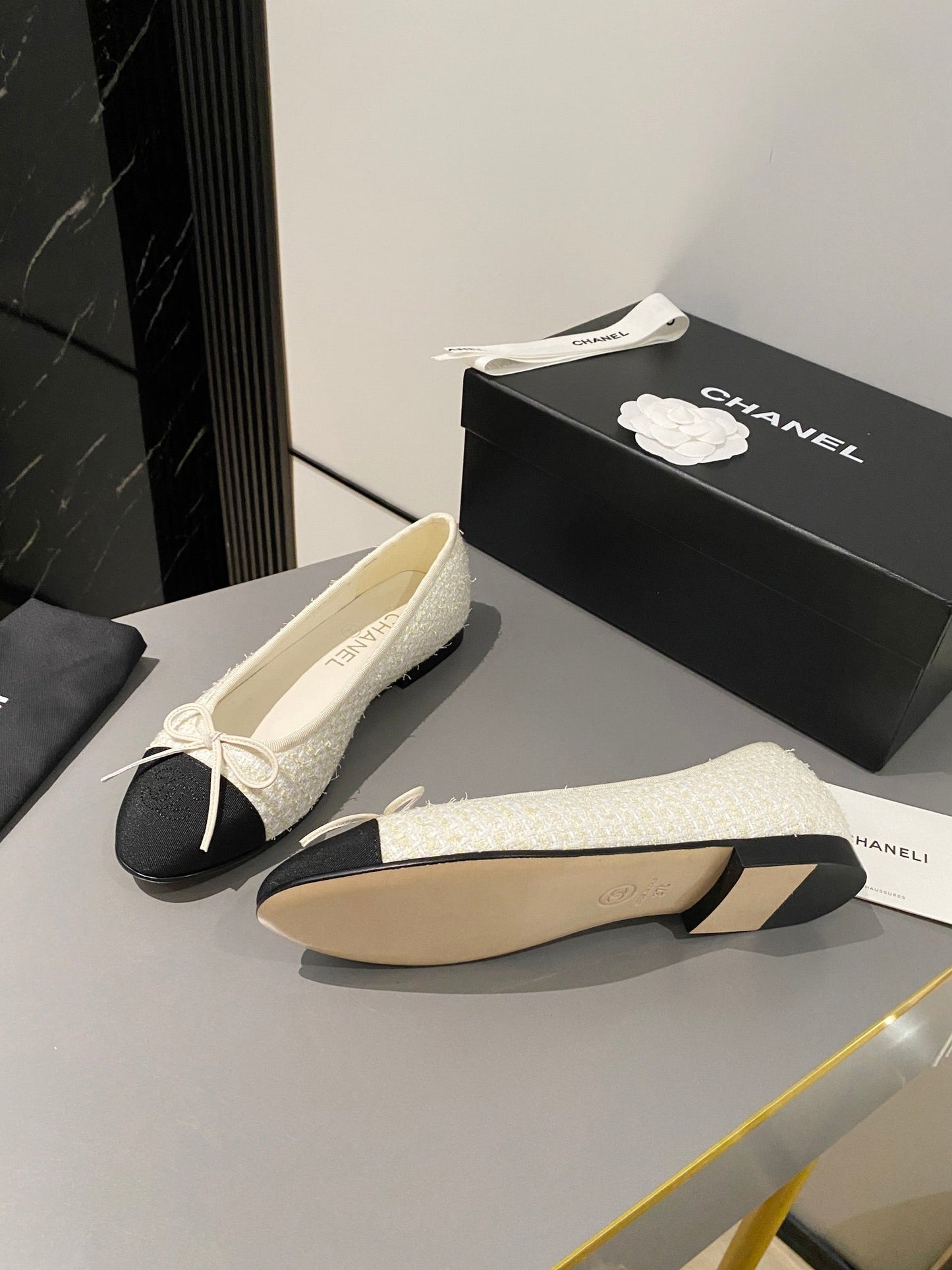 CHANEL ballet flat white gold tweed black grosgrain