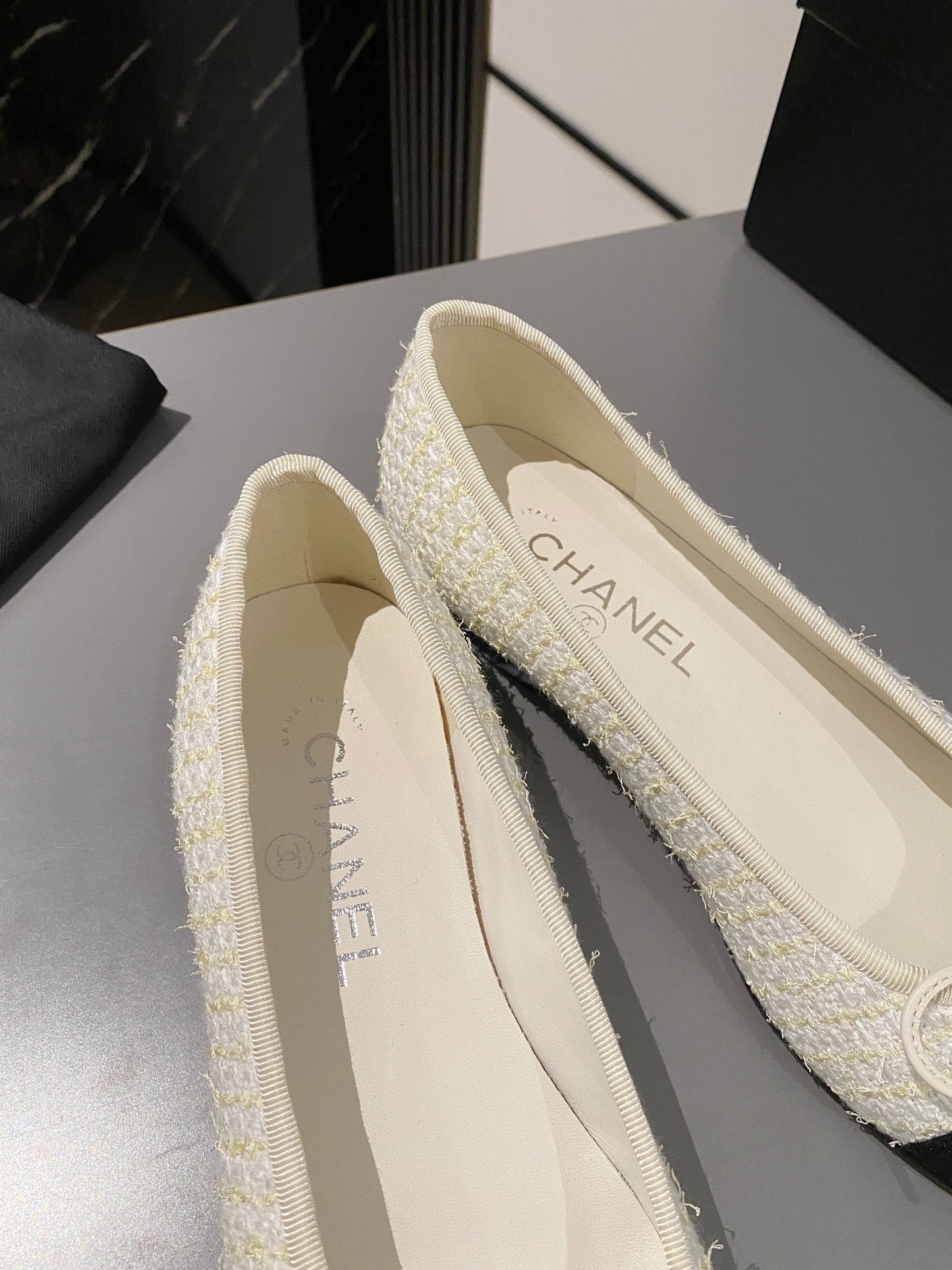 CHANEL ballet flat white gold tweed black grosgrain