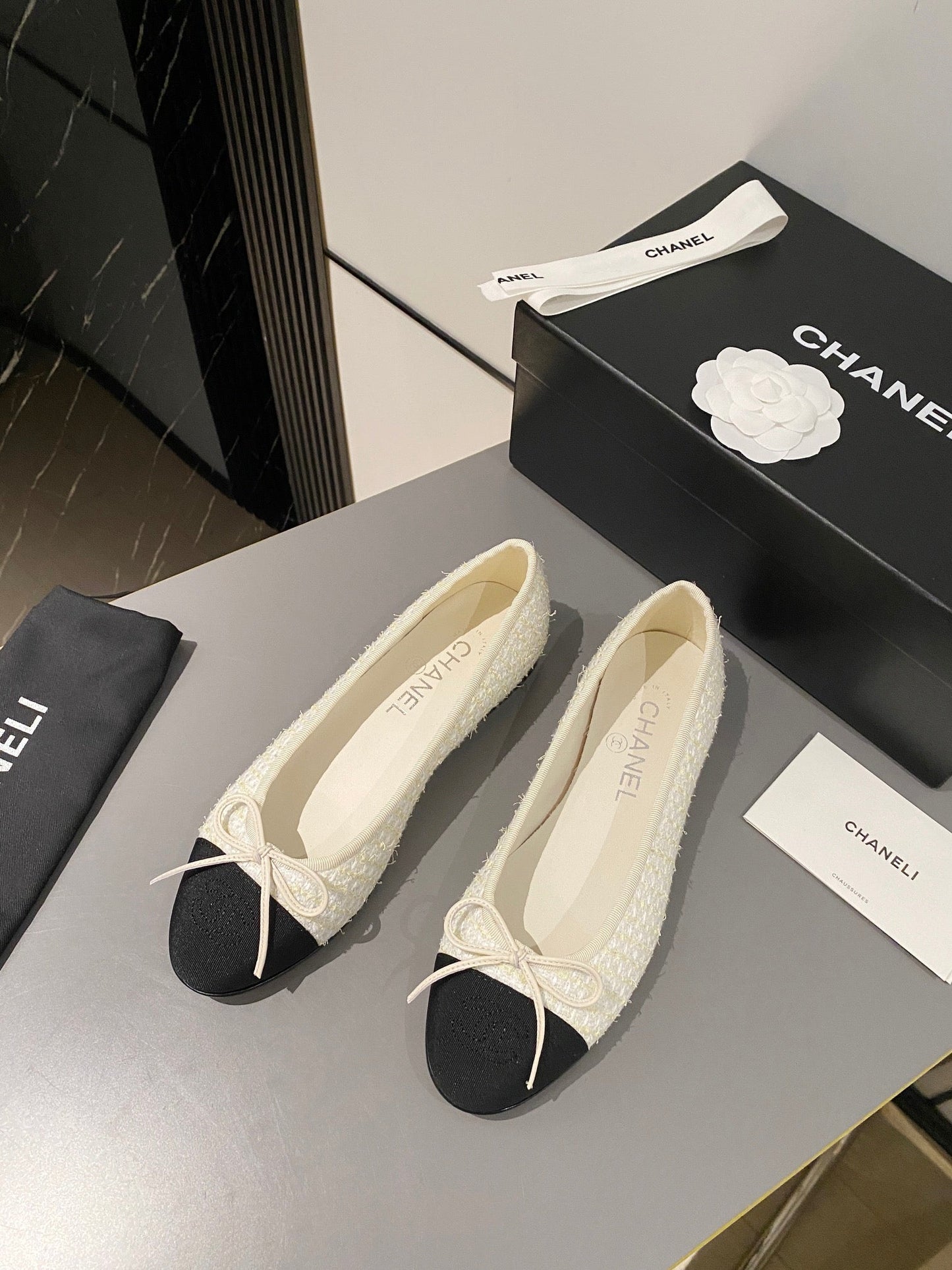 CHANEL ballet flat white gold tweed black grosgrain