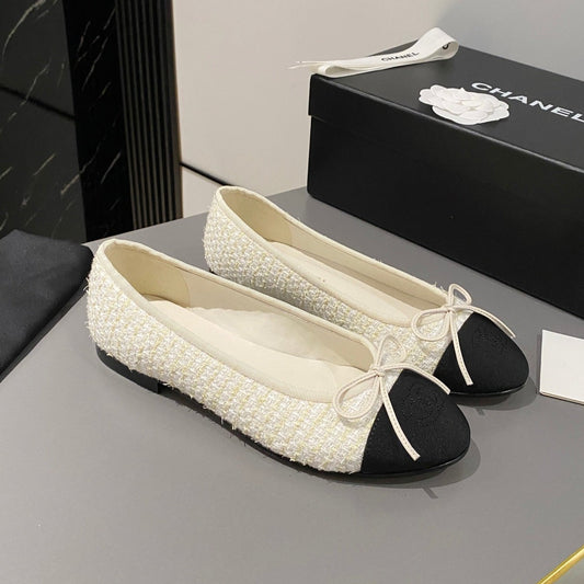 CHANEL ballet flat white gold tweed black grosgrain