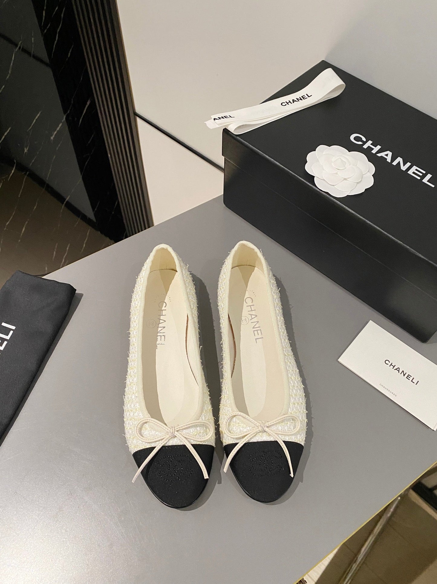 CHANEL ballet flat white gold tweed black grosgrain