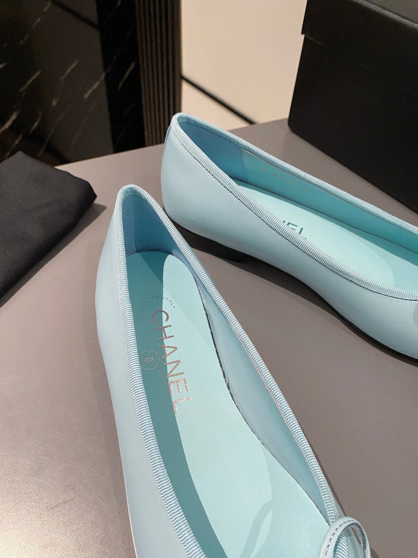 CHANEL ballet flat tiffany blue calfskin black grosgrain