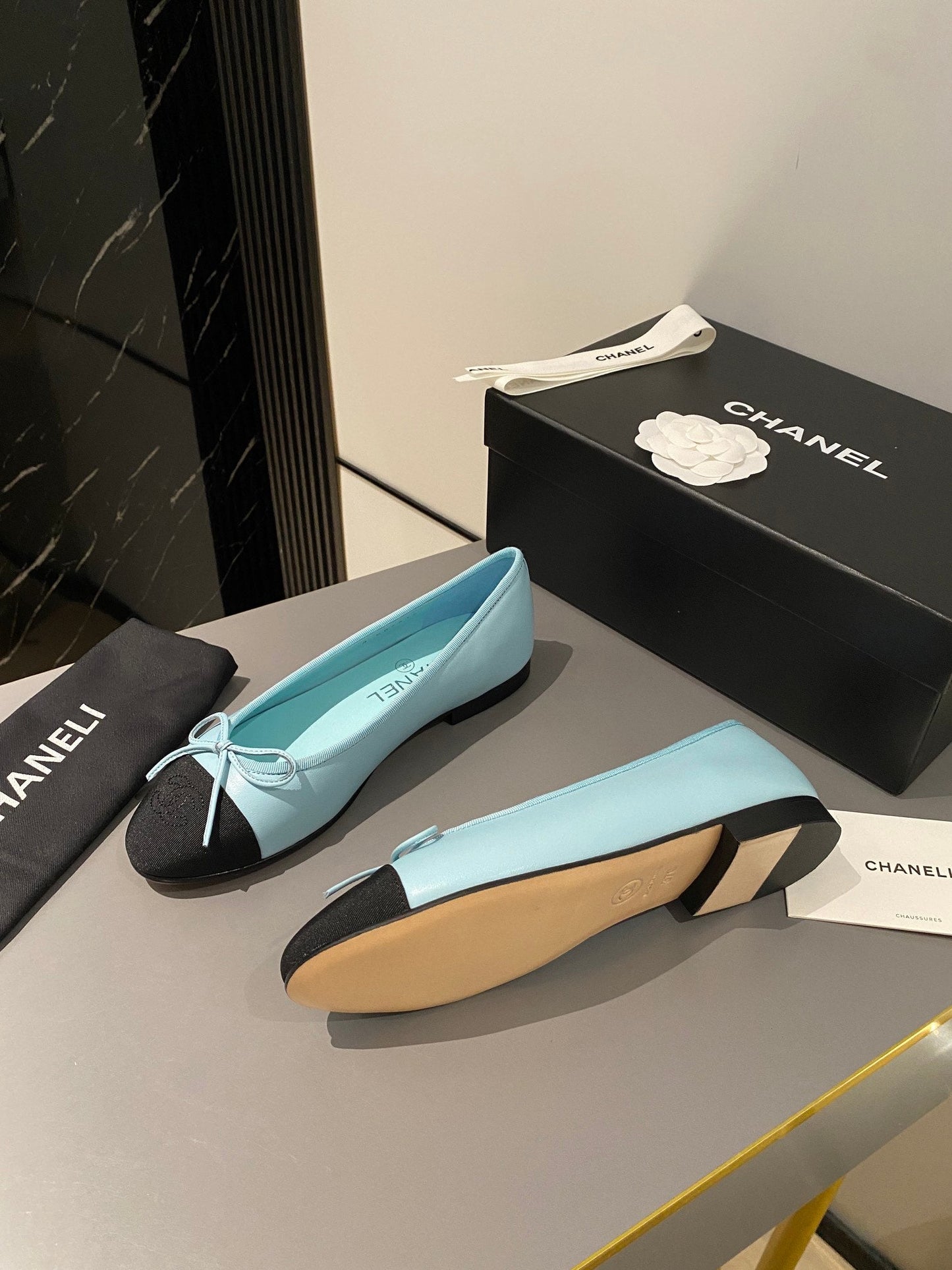 CHANEL ballet flat tiffany blue calfskin black grosgrain