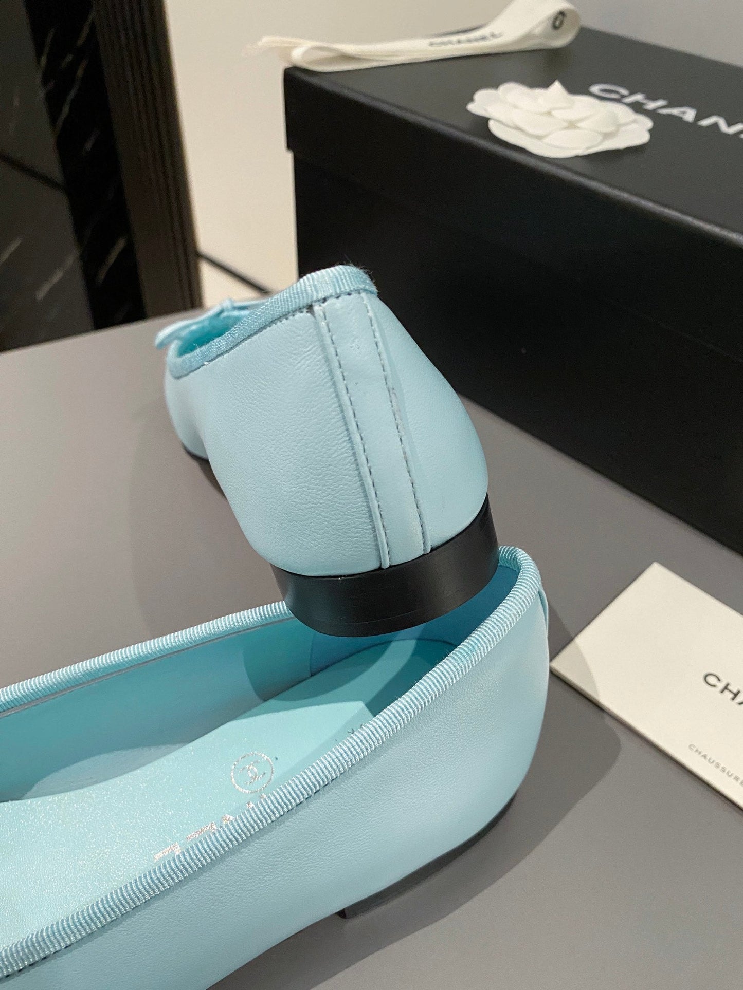 CHANEL ballet flat tiffany blue calfskin black grosgrain