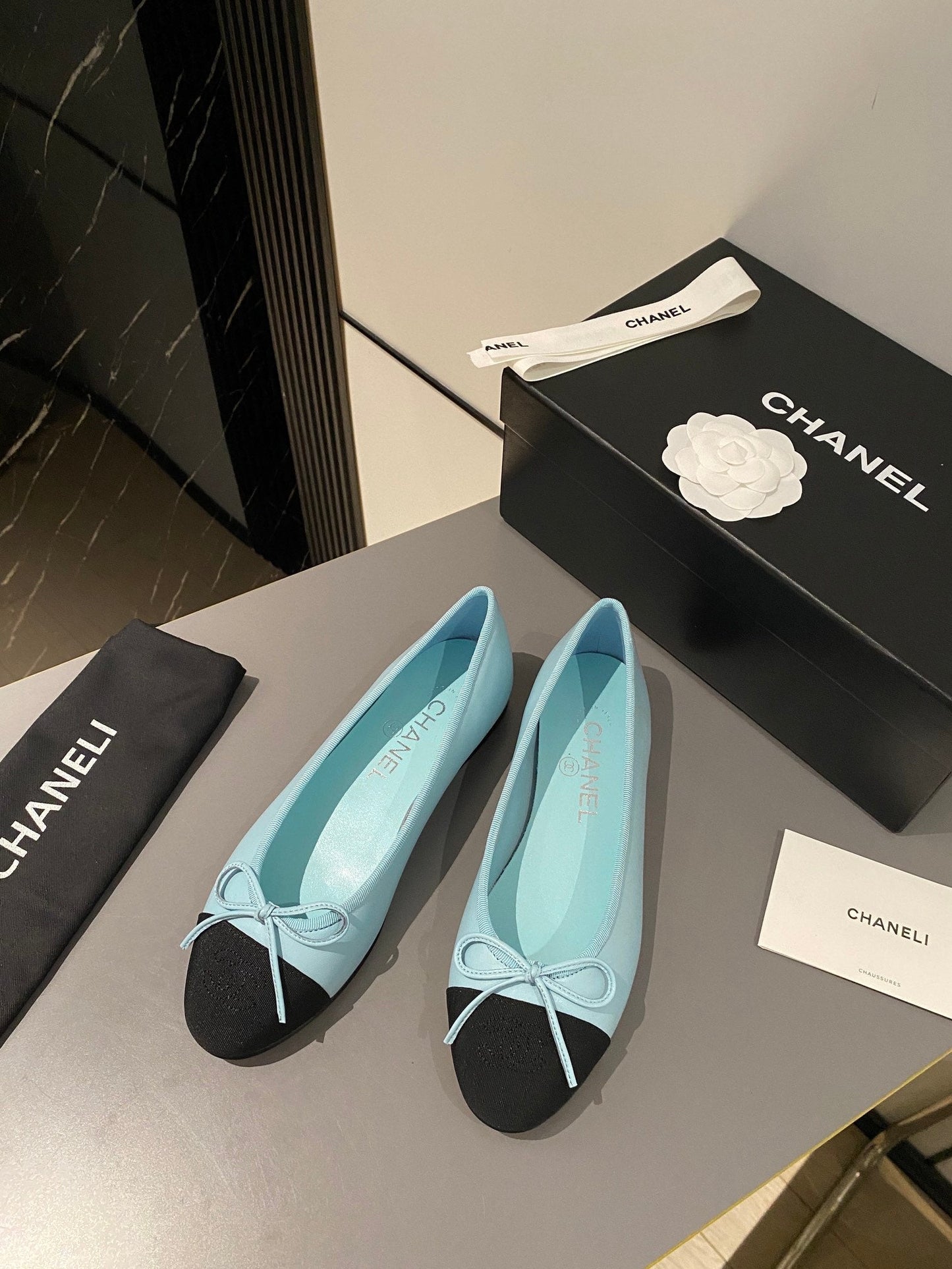 CHANEL ballet flat tiffany blue calfskin black grosgrain