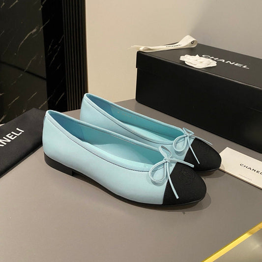 CHANEL ballet flat tiffany blue calfskin black grosgrain