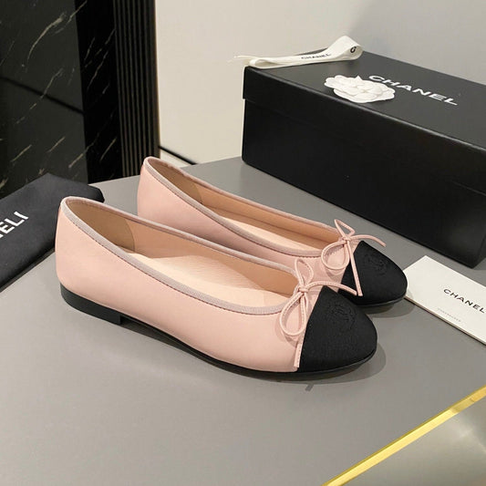 CHANEL ballet flat blush calfskin black grosgrain