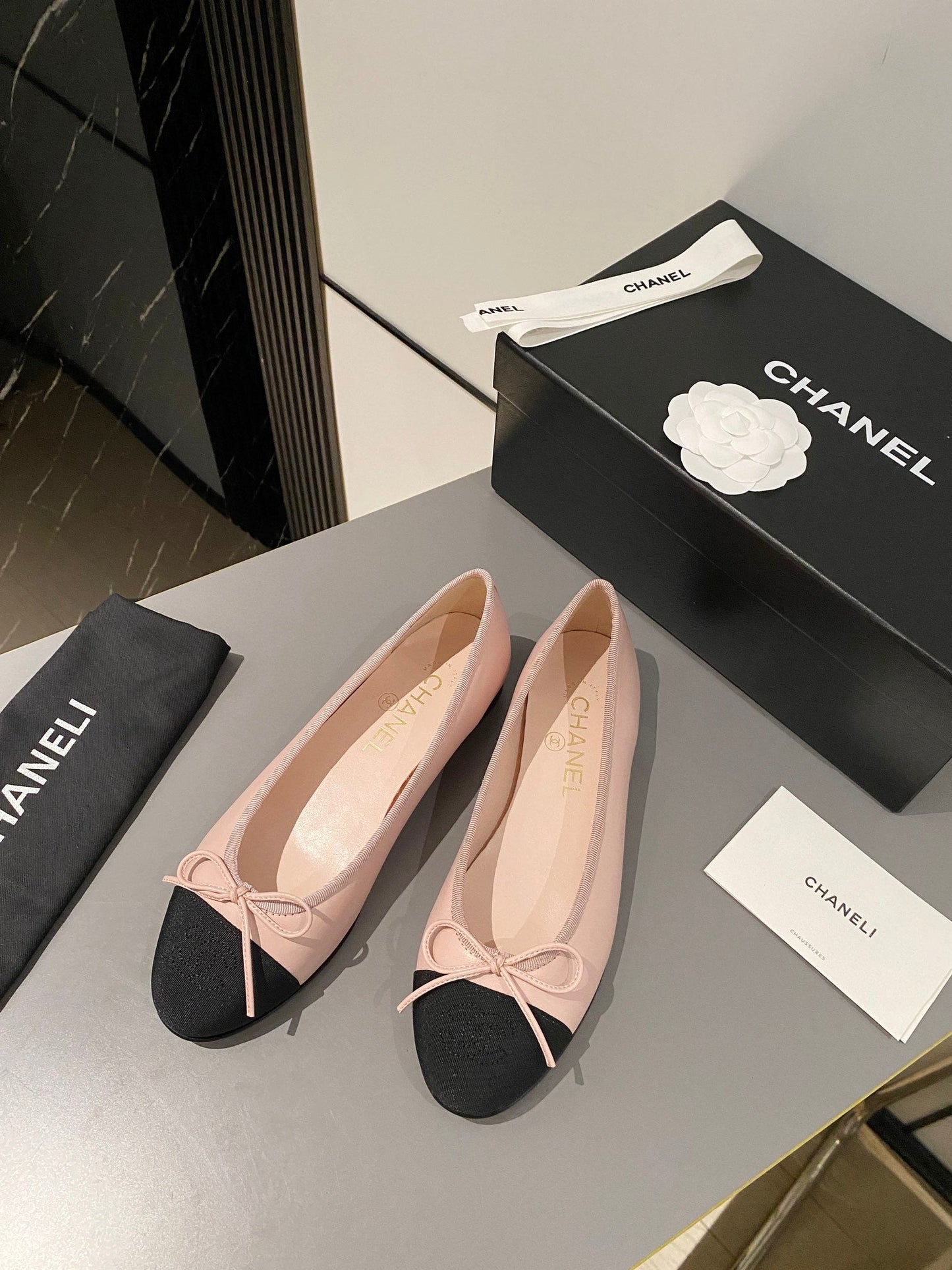 CHANEL ballet flat blush calfskin black grosgrain