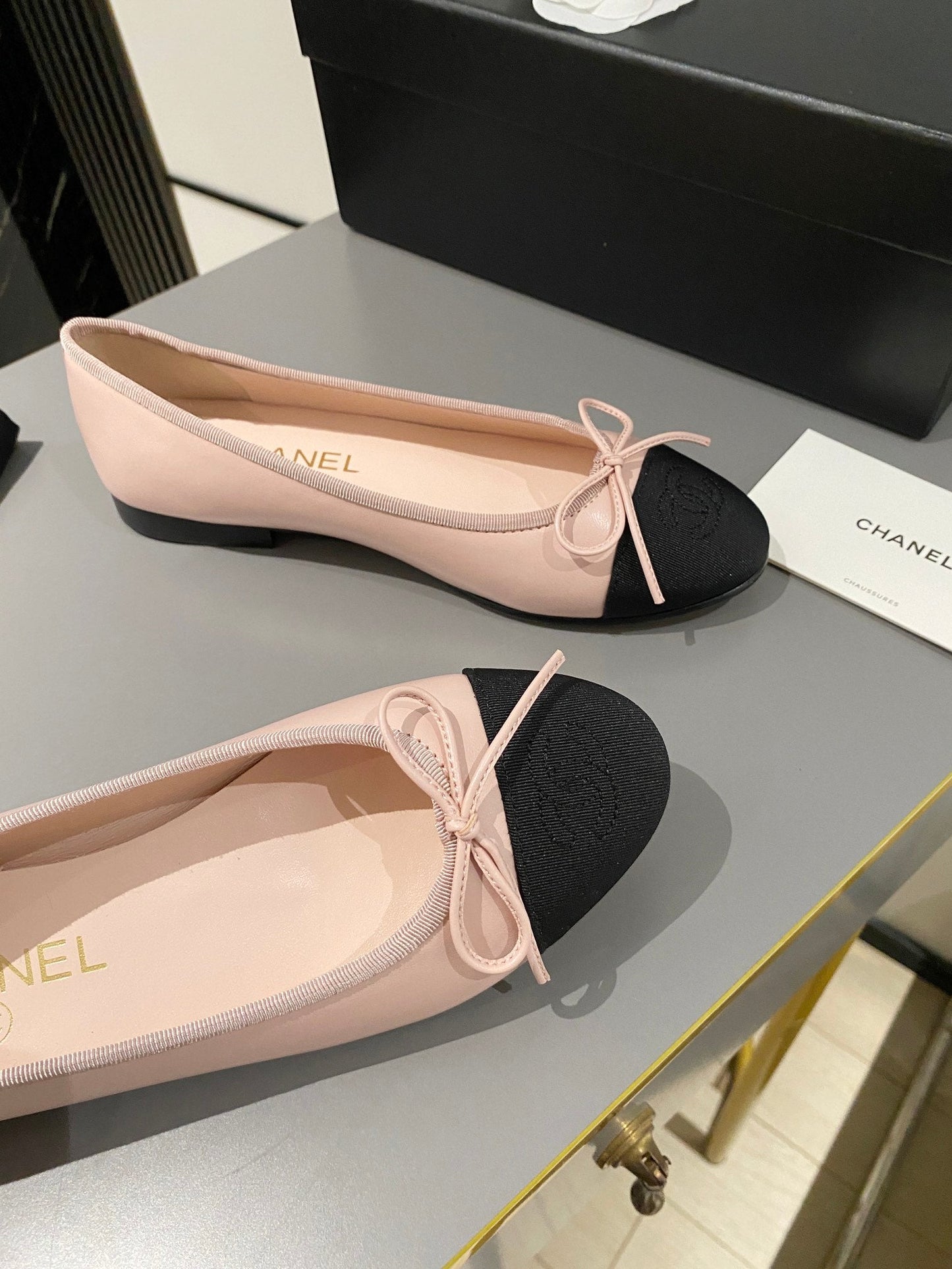 CHANEL ballet flat blush calfskin black grosgrain