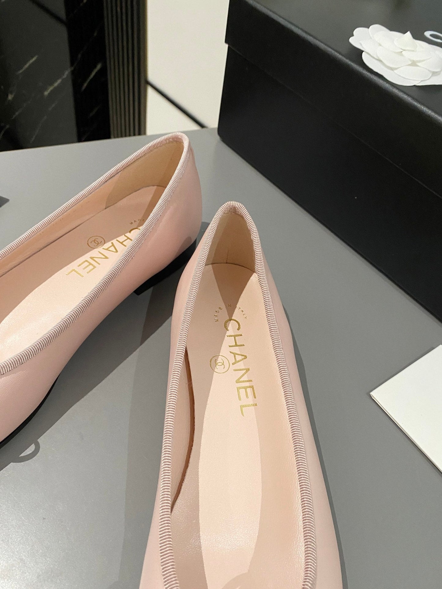 CHANEL ballet flat blush calfskin black grosgrain