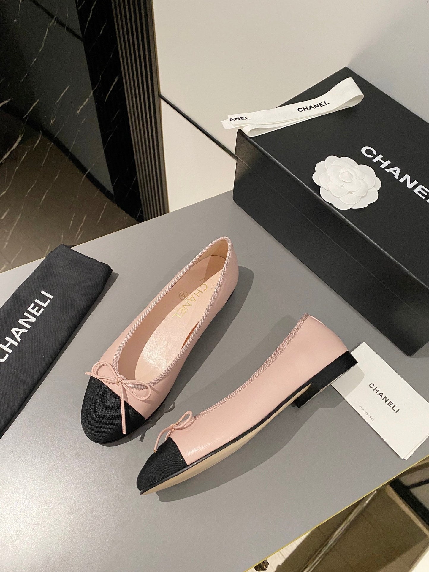 CHANEL ballet flat blush calfskin black grosgrain