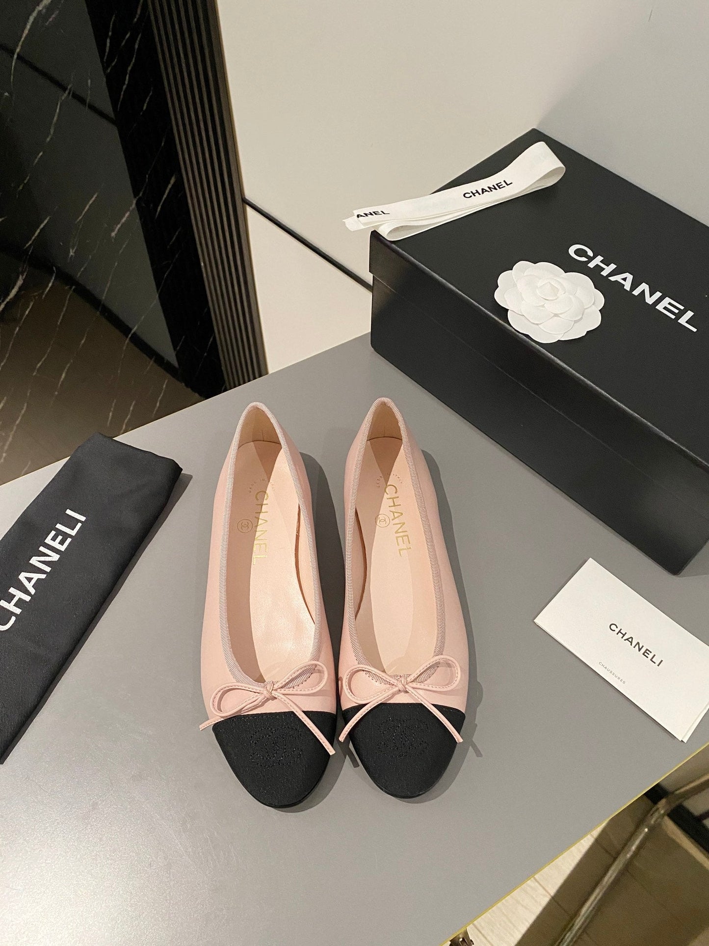 CHANEL ballet flat blush calfskin black grosgrain