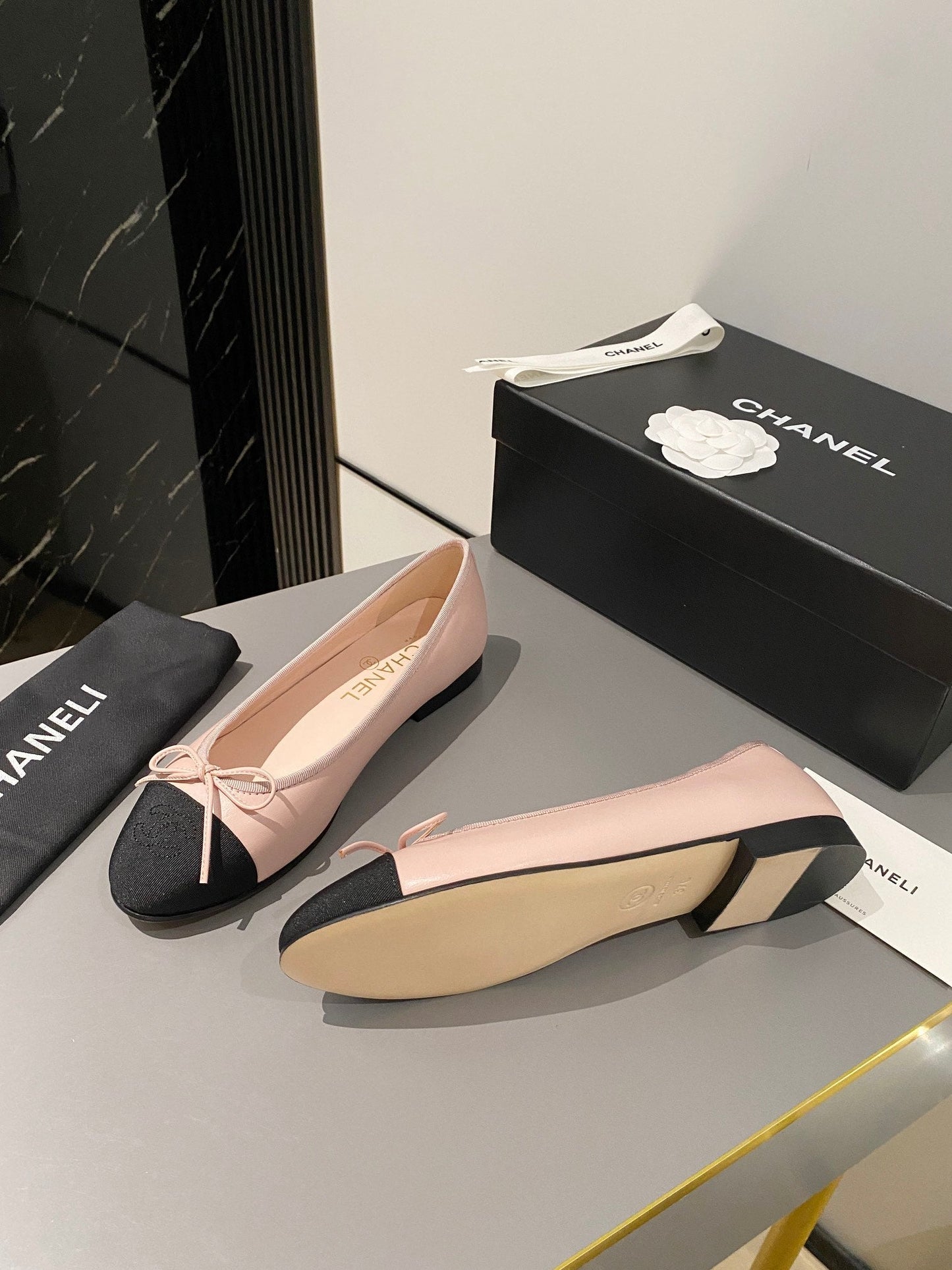 CHANEL ballet flat blush calfskin black grosgrain