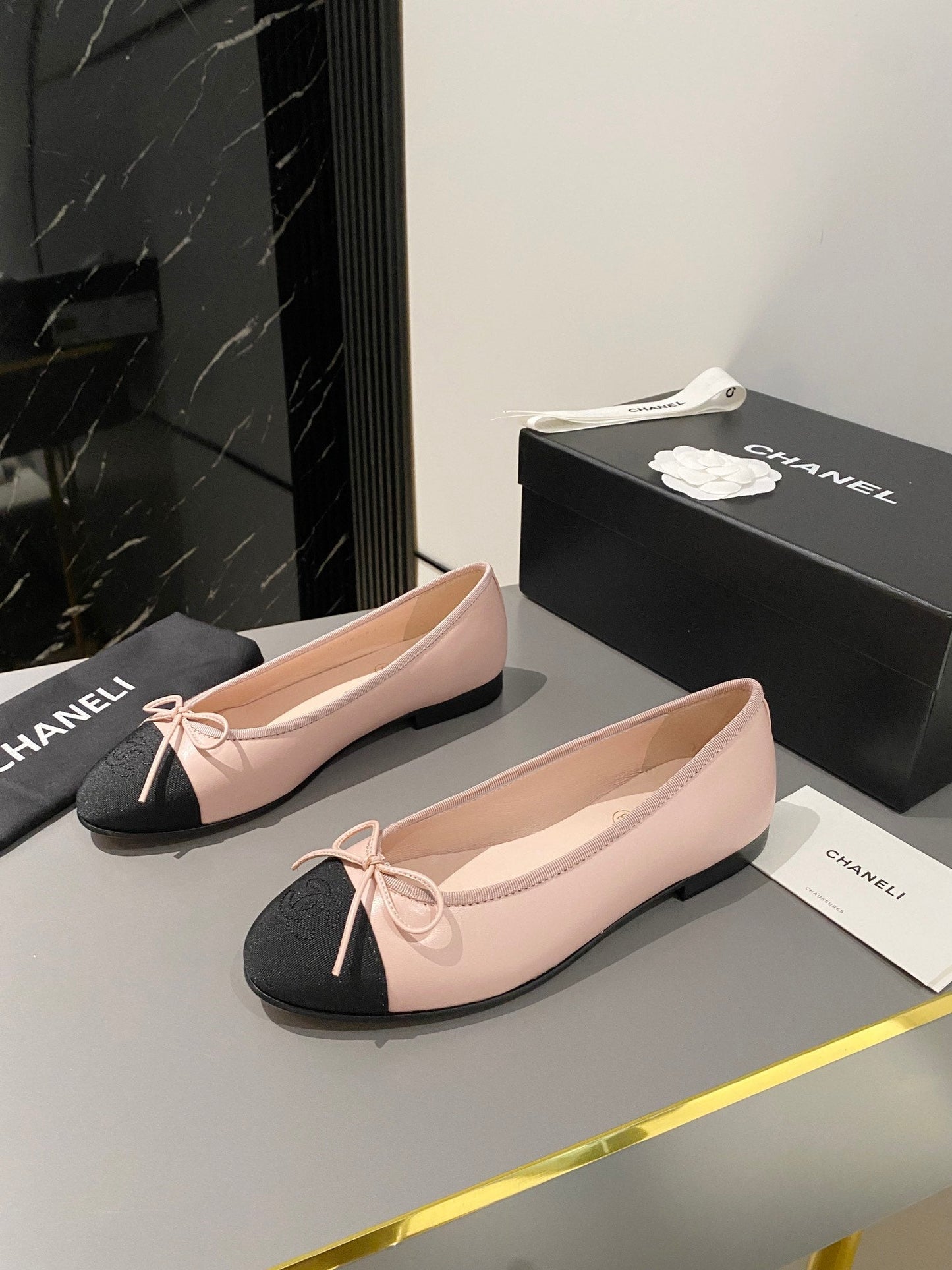 CHANEL ballet flat blush calfskin black grosgrain