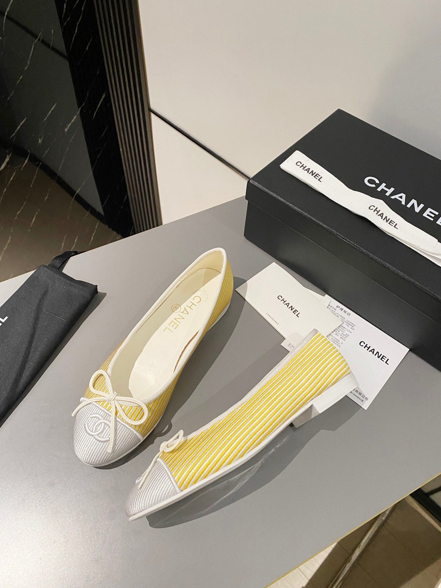 CHANEL ballet flat yellow silver embroidered fabric