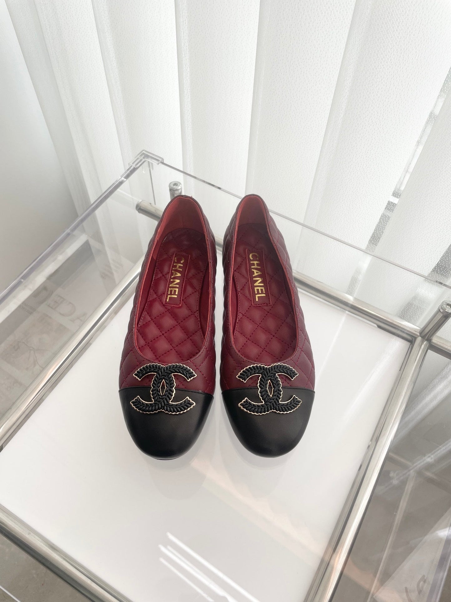 CHANEL Ballet Flats 10mm Burgundy Black Quilted Lambskin