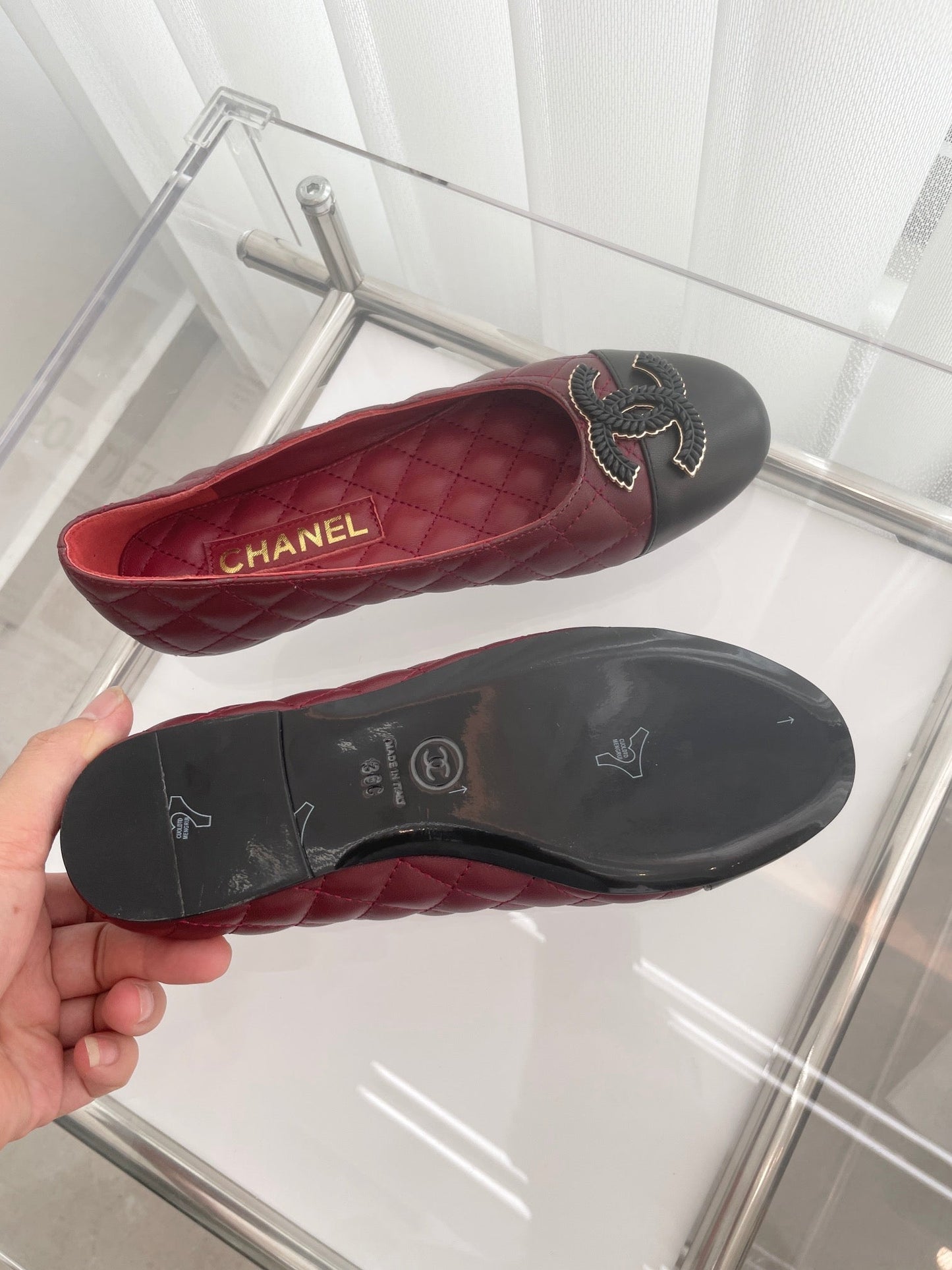 CHANEL Ballet Flats 10mm Burgundy Black Quilted Lambskin