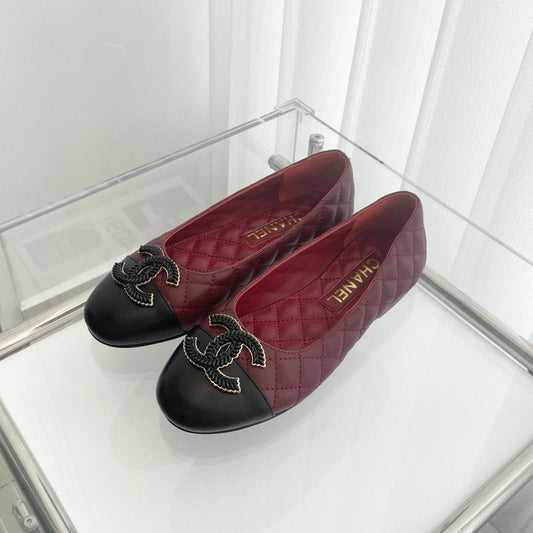 CHANEL Ballet Flats 10mm Burgundy Black Quilted Lambskin