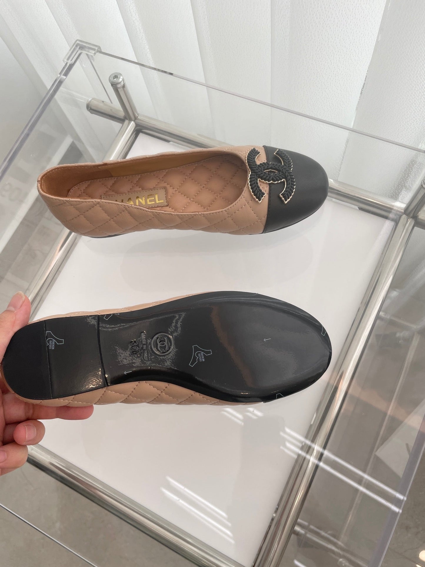 CHANEL Ballet Flats 10mm Beige Black Quilted Lambskin