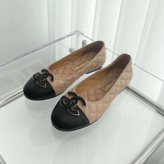 CHANEL Ballet Flats 10mm Beige Black Quilted Lambskin