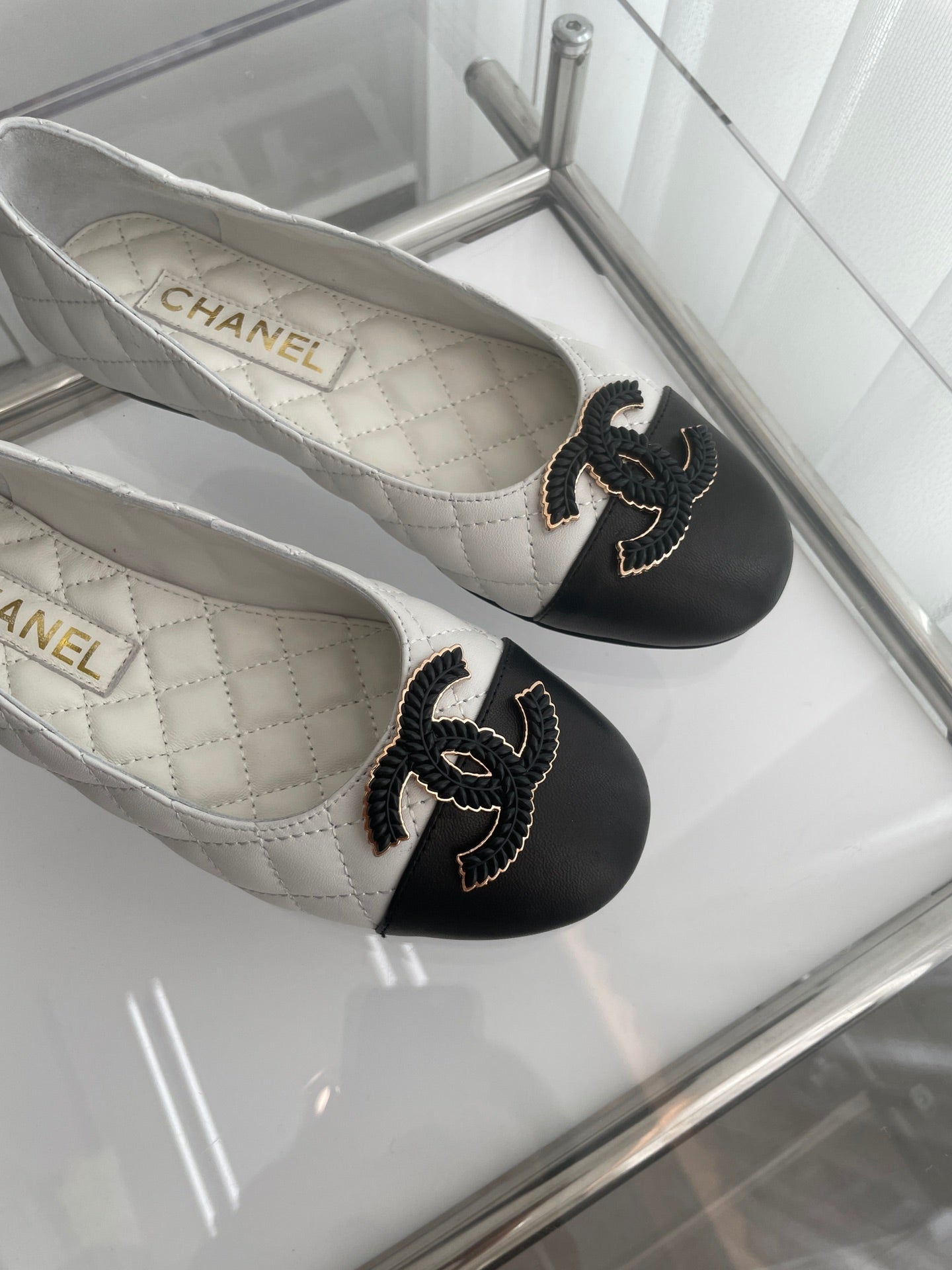 CHANEL Ballet Flats 10mm White Black Quilted Lambskin