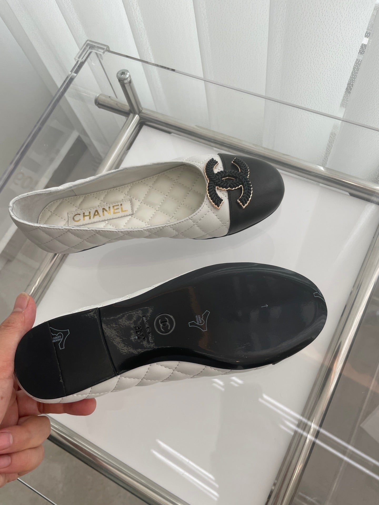 CHANEL Ballet Flats 10mm White Black Quilted Lambskin
