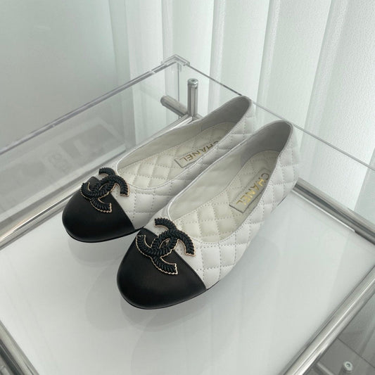 CHANEL Ballet Flats 10mm White Black Quilted Lambskin